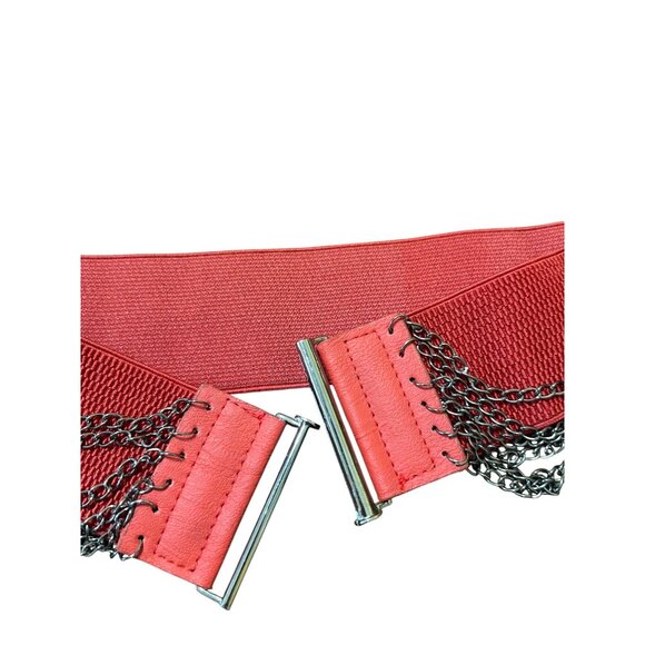 Dark Red Elastic Stretch Waist Belt Black Chain Detail Clasp Waist Cincher NEW - Picture 3 of 4